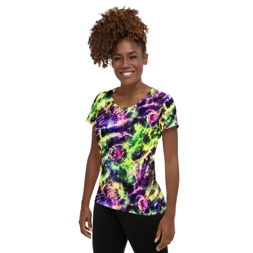 Ultraviolet Collision on a Women's Athletic T-Shirt