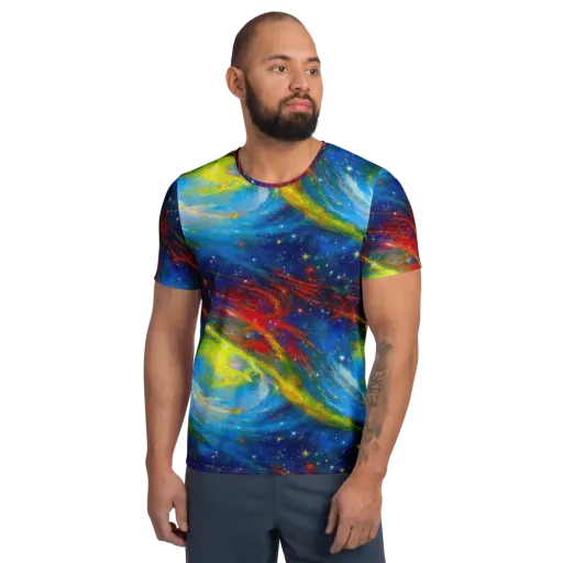 Deep-space Bloom on a Men's Athletic T-Shirt