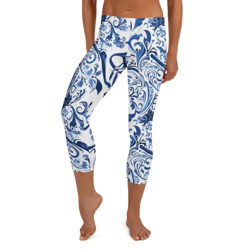 Blue Porcelain Dance on a Capri Leggings