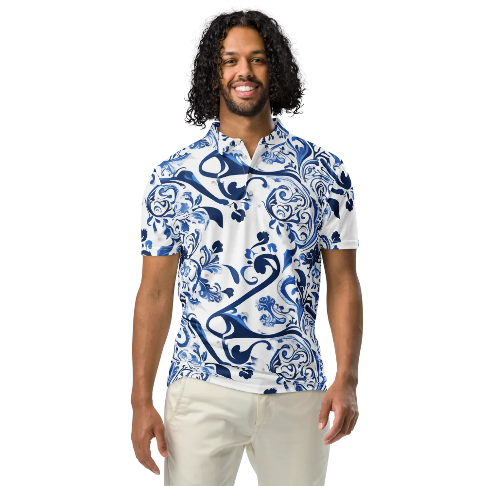 Blue Porcelain Dance on Men's Slim Fit Polo Shirt — Front