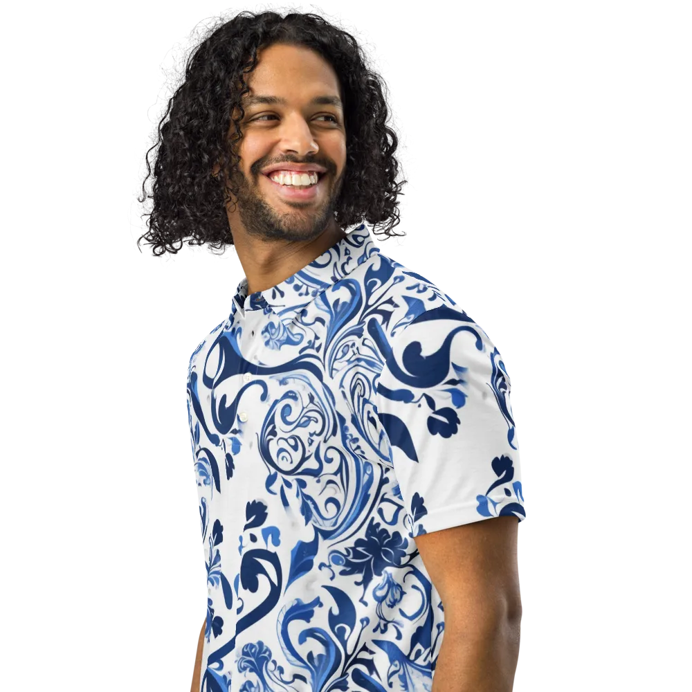 Blue Porcelain Dance on Men's Slim Fit Polo Shirt — Left Front