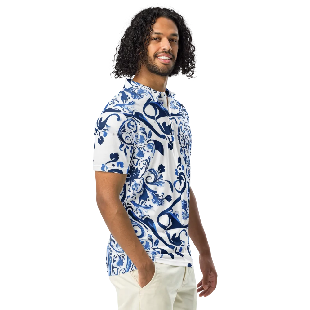 Blue Porcelain Dance on Men's Slim Fit Polo Shirt — Right Front