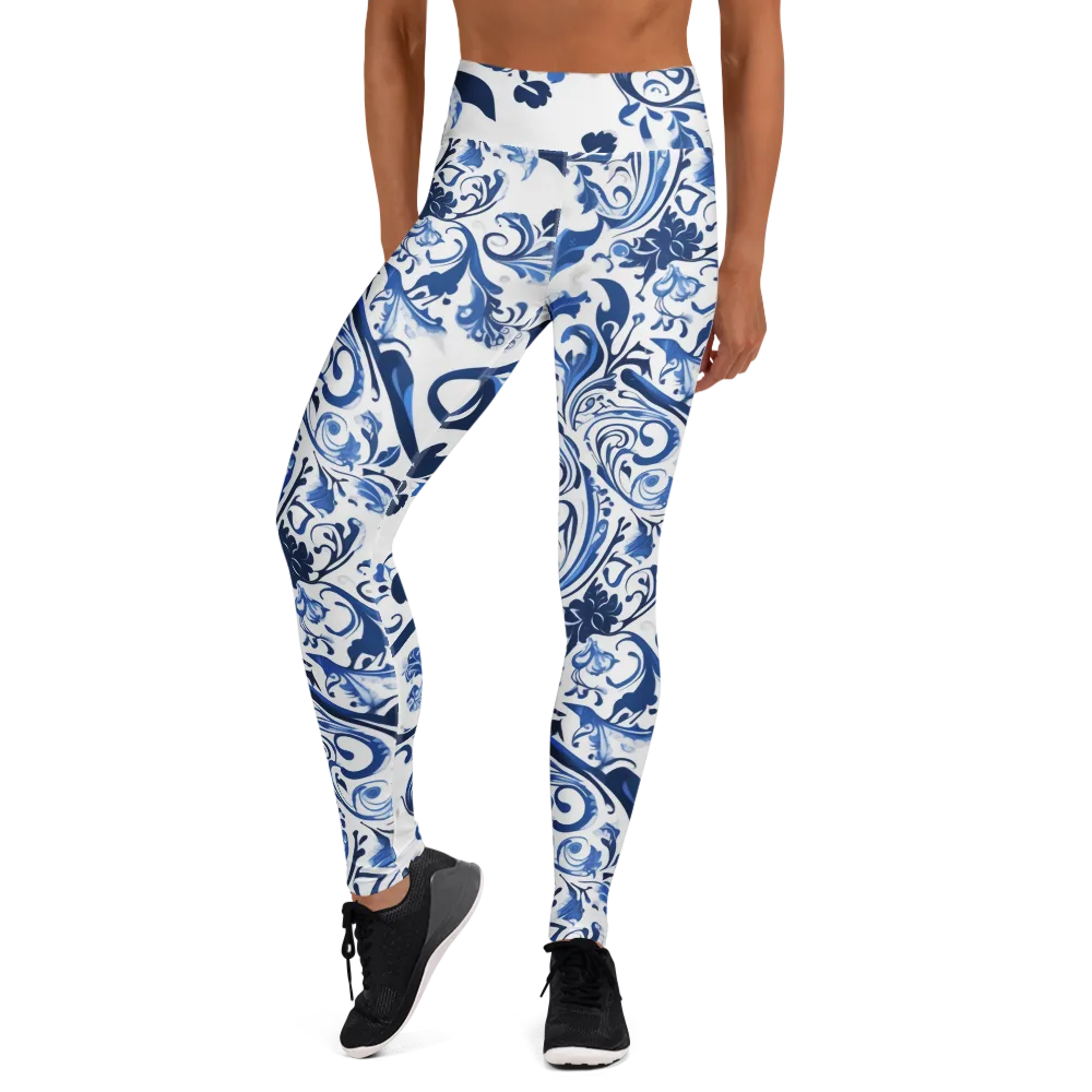 Blue Porcelain Dance on Yoga Leggings — Front