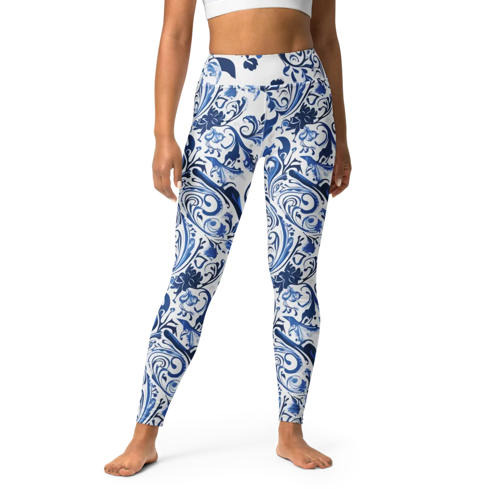 Blue Porcelain Dance on Yoga Leggings — Front