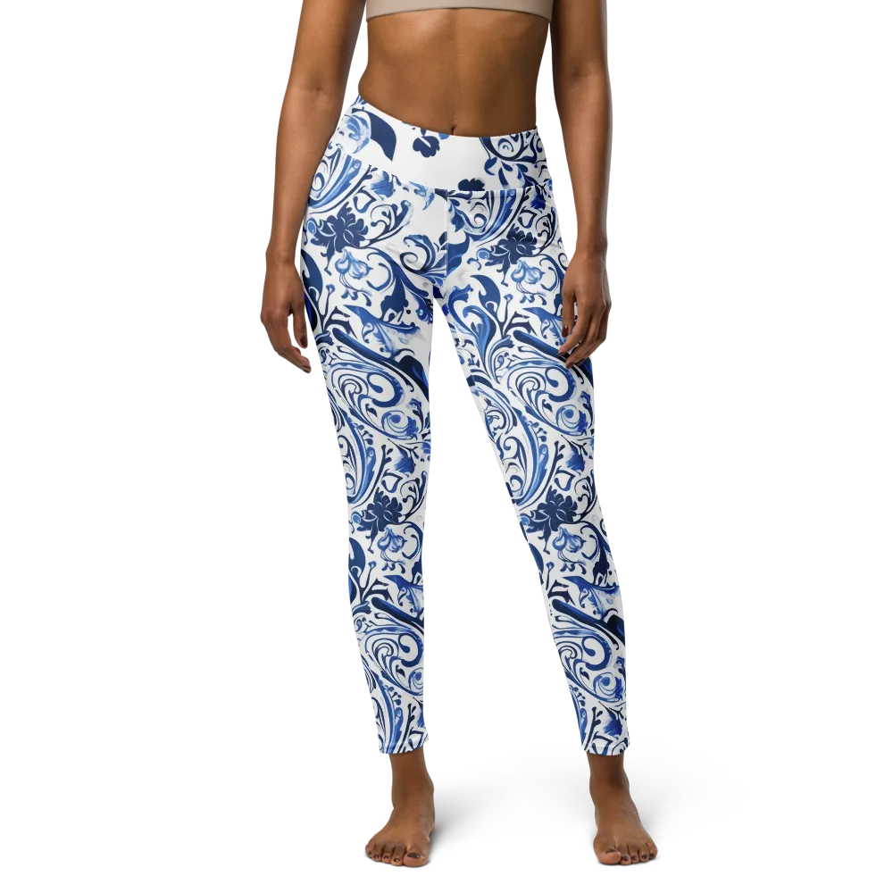 Blue Porcelain Dance on Yoga Leggings — Front