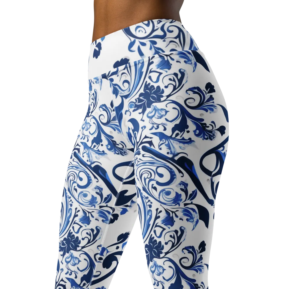 Blue Porcelain Dance on Yoga Leggings — Left Front