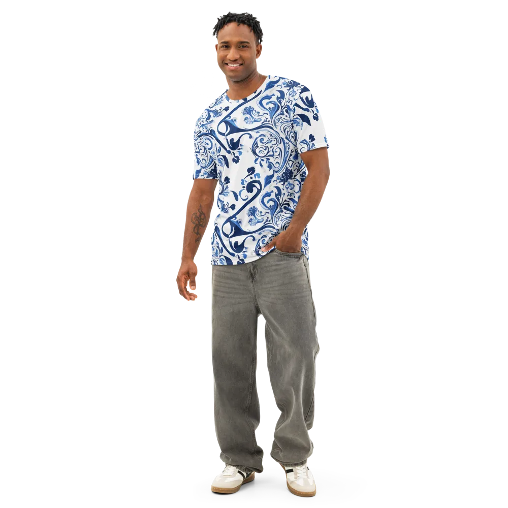 Blue Porcelain Dance on Men's Cotton Crew Neck T-Shirt — Front