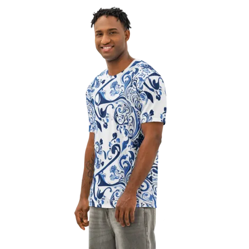 Blue Porcelain Dance on a Men's Cotton Crew Neck T-Shirt