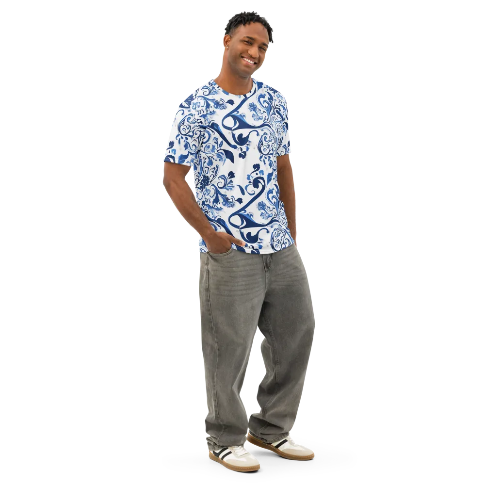 Blue Porcelain Dance on Men's Cotton Crew Neck T-Shirt — Right Front