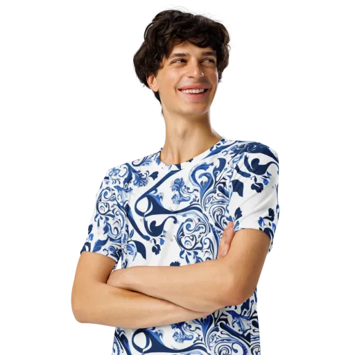Blue Porcelain Dance on a Men's Crew Neck T-Shirt
