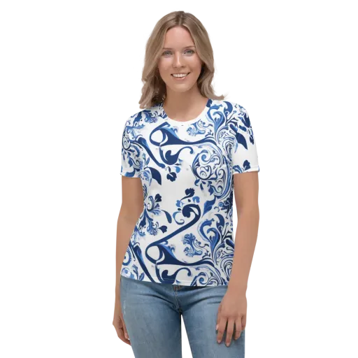 Blue Porcelain Dance on a Women's Crew Neck T-Shirt