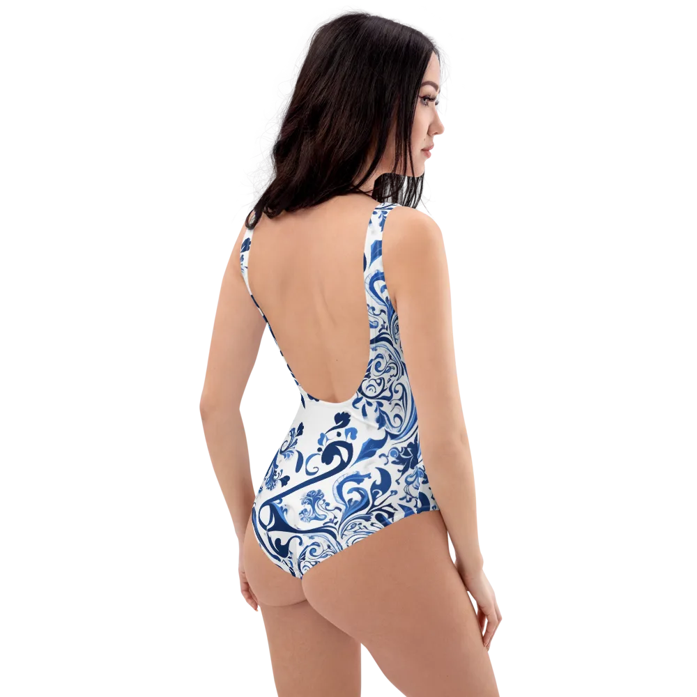 Blue Porcelain Dance on One-Piece Swimsuit — Right Back