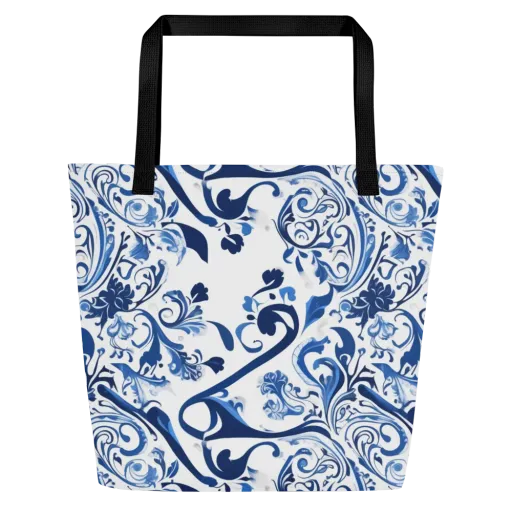 Blue Porcelain Dance on a Large Tote Bag W/ Pocket