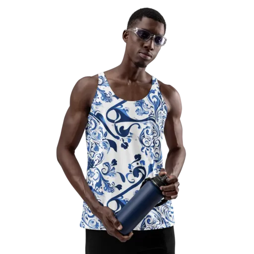 Blue Porcelain Dance on a Men's Tank Top
