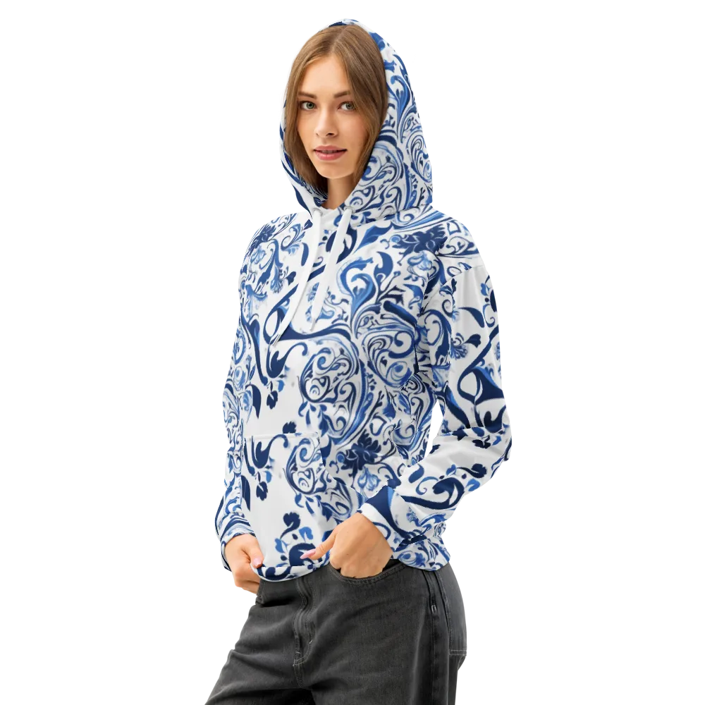 Blue Porcelain Dance on Cotton Hoodie — Left Front
