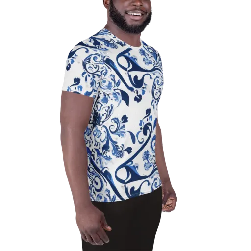 Blue Porcelain Dance on a Men's Athletic T-Shirt