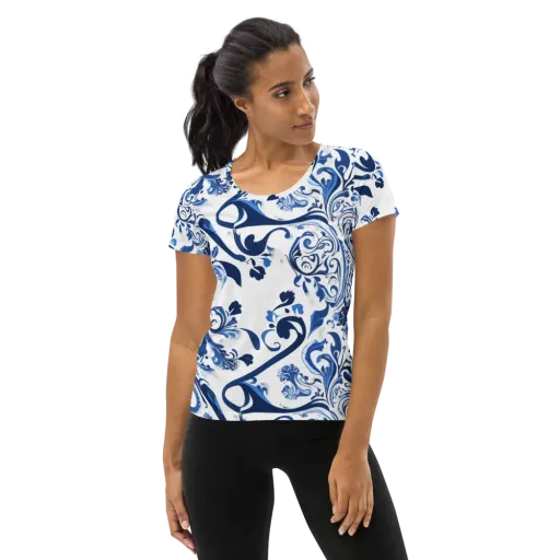 Blue Porcelain Dance on a Women's Athletic T-Shirt