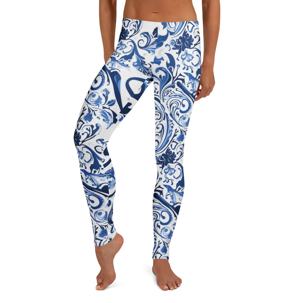 Blue Porcelain Dance on Leggings — Front
