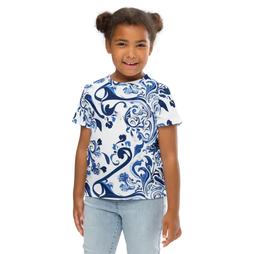 Blue Porcelain Dance on a Kids Crew Neck T-Shirt