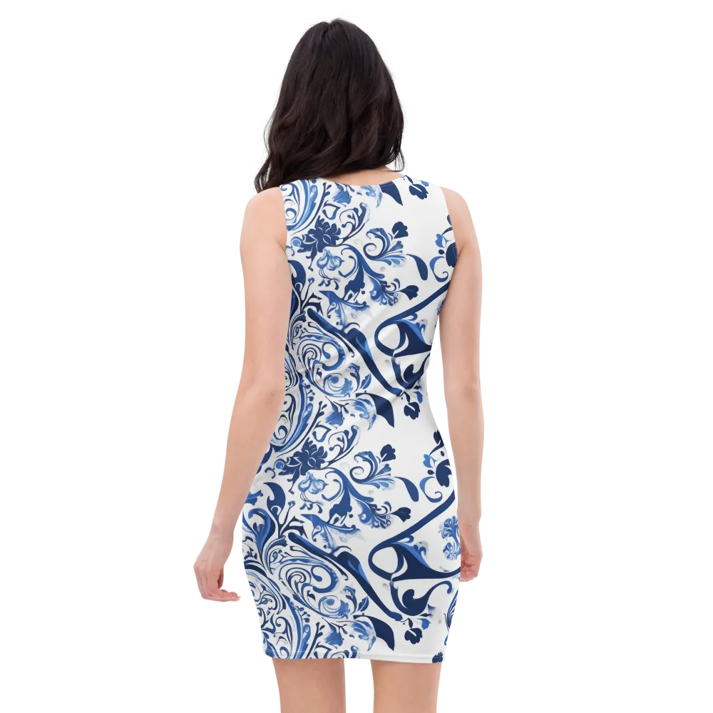 Blue Porcelain Dance on Bodycon Dress — Back