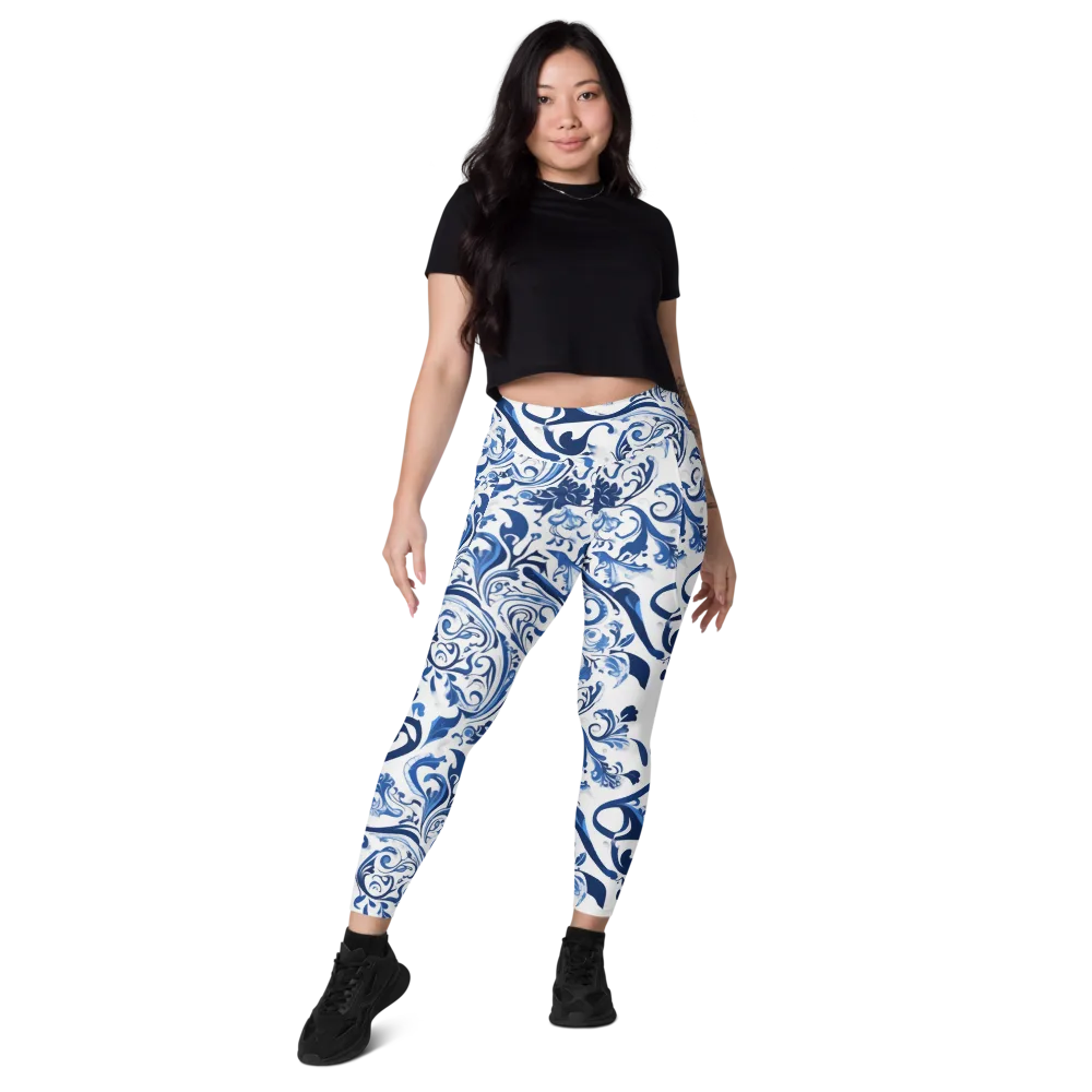 Blue Porcelain Dance on Leggings with Pockets — Front