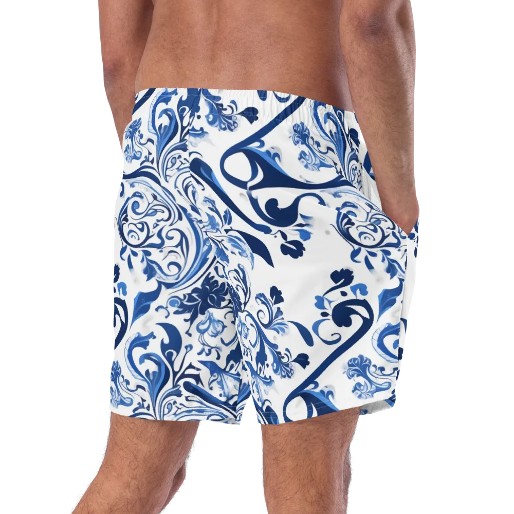 Blue Porcelain Dance on Swim Trunks — Right Back