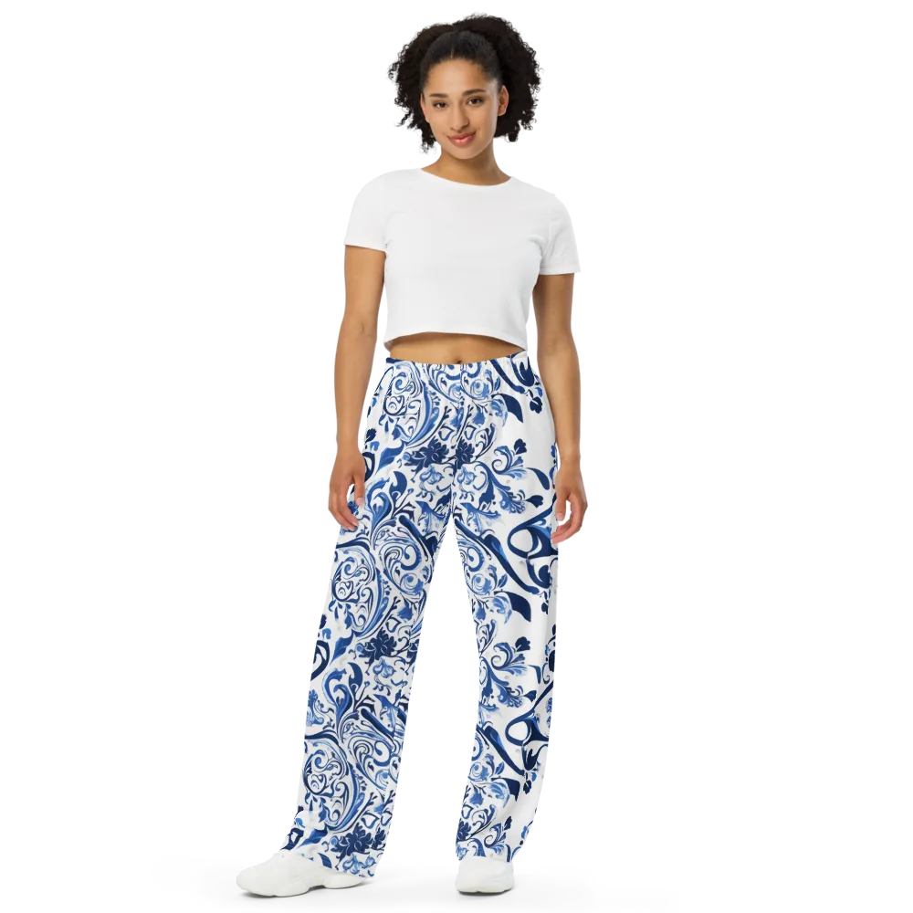 Blue Porcelain Dance on Wide-Leg Pants — Front