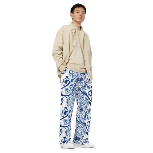 Blue Porcelain Dance on a Wide-Leg Pants