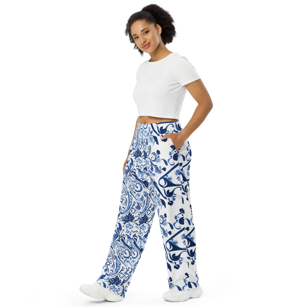 Blue Porcelain Dance on Wide-Leg Pants — Left Front
