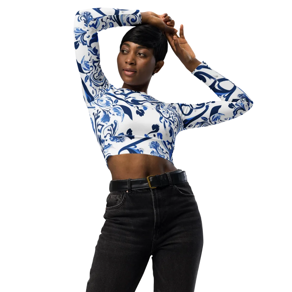 Blue Porcelain Dance on Long Sleeve Crop Top — Front