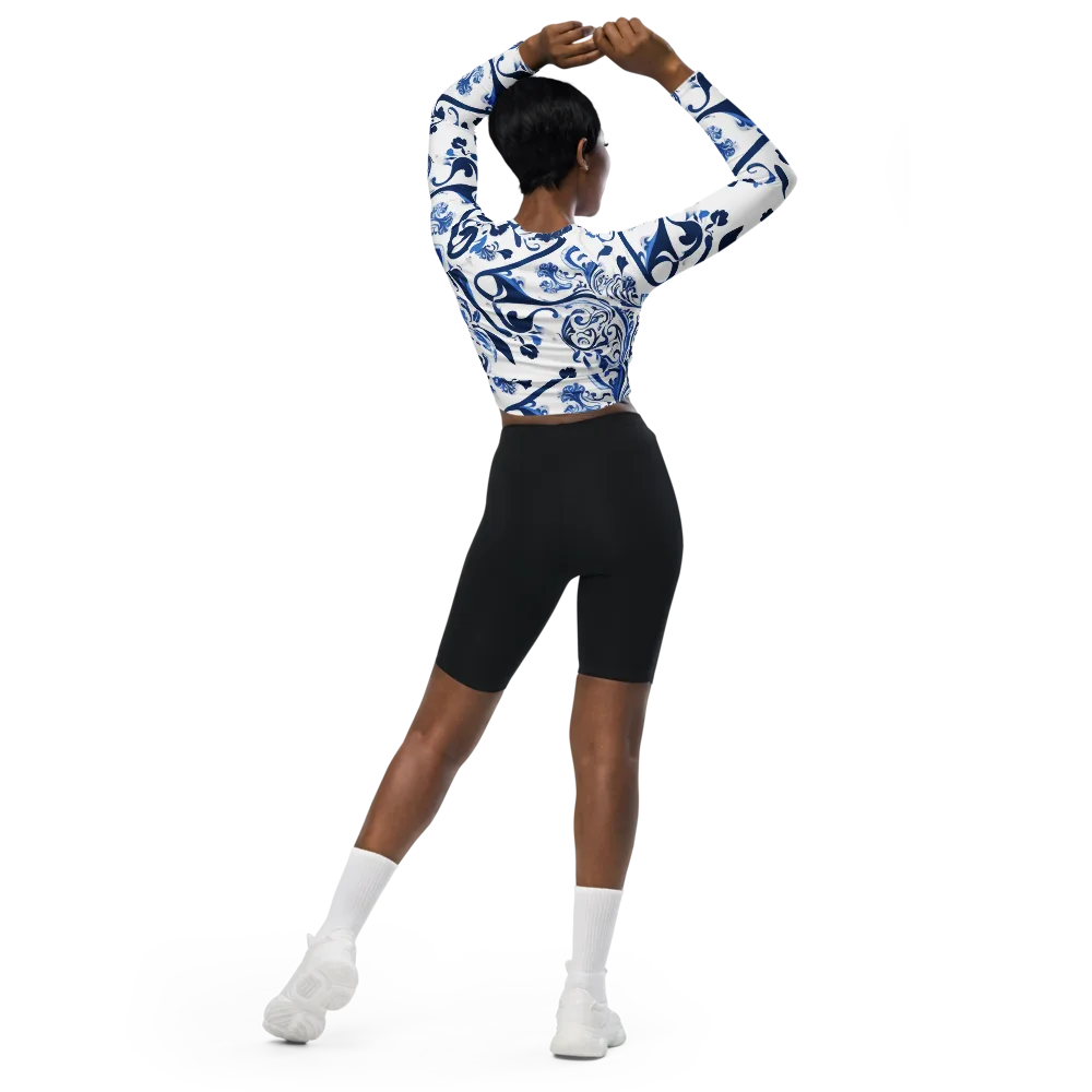 Blue Porcelain Dance on Long Sleeve Crop Top — Back