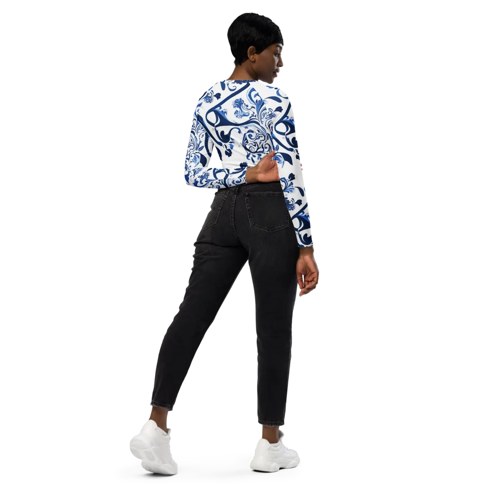 Blue Porcelain Dance on Long Sleeve Crop Top — Right Back