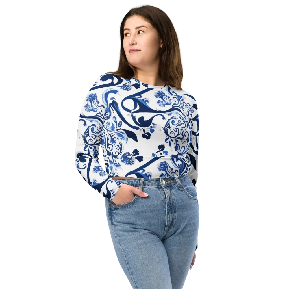 Blue Porcelain Dance on Long Sleeve Crop Top — Front