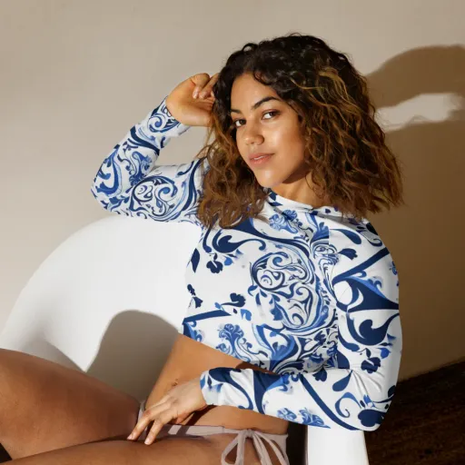 Blue Porcelain Dance on a Long Sleeve Crop Top