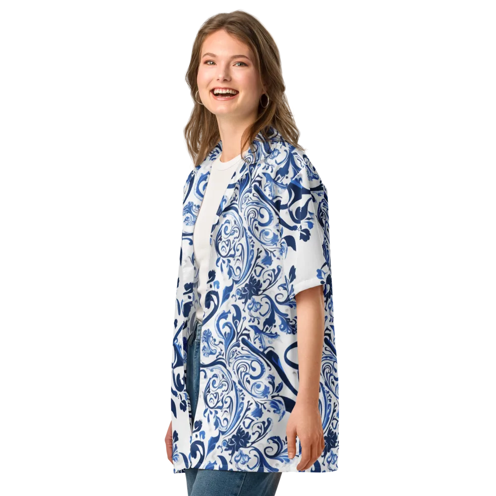 Blue Porcelain Dance on Button Shirt — Left Front