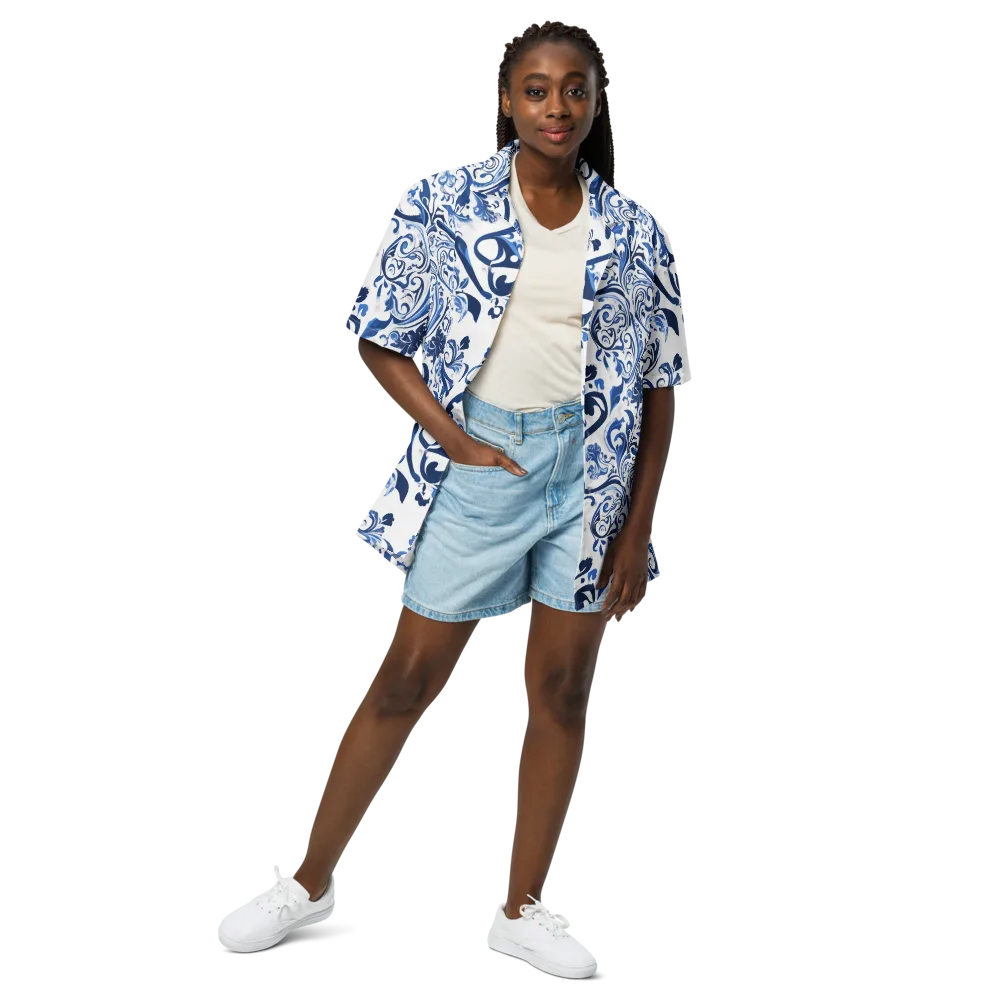 Blue Porcelain Dance on Button Shirt — Front