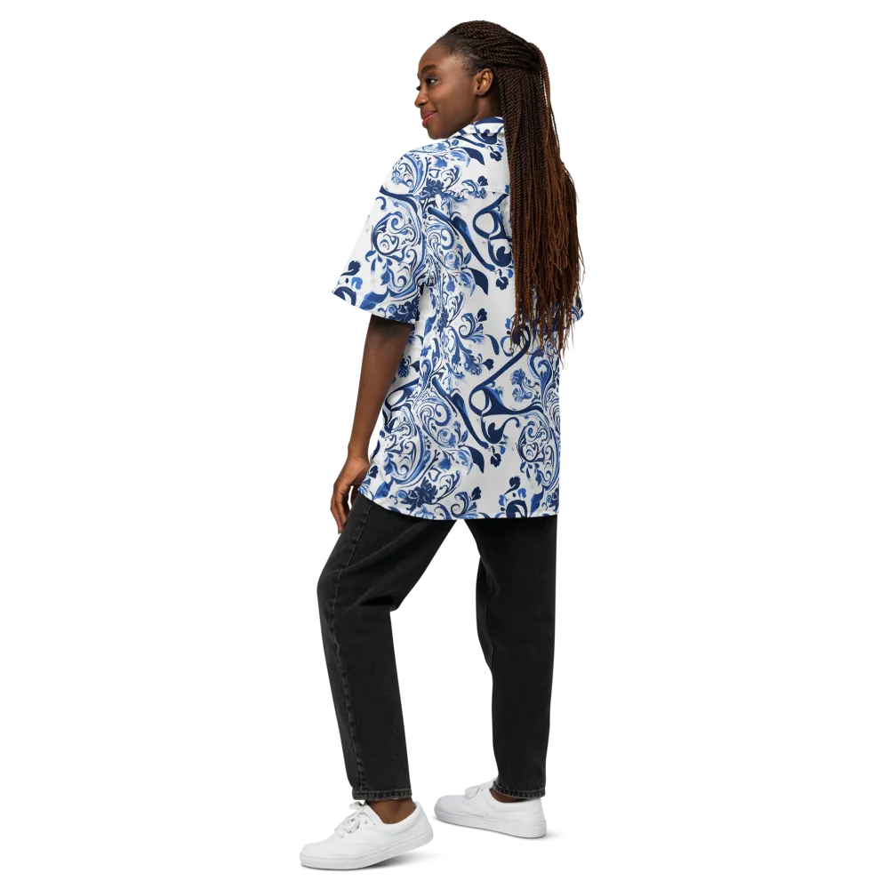 Blue Porcelain Dance on Button Shirt — Back