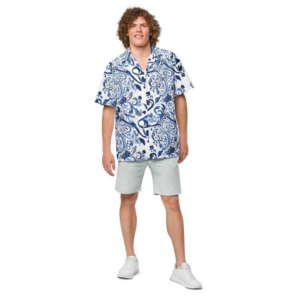 Blue Porcelain Dance on Button Shirt — Front