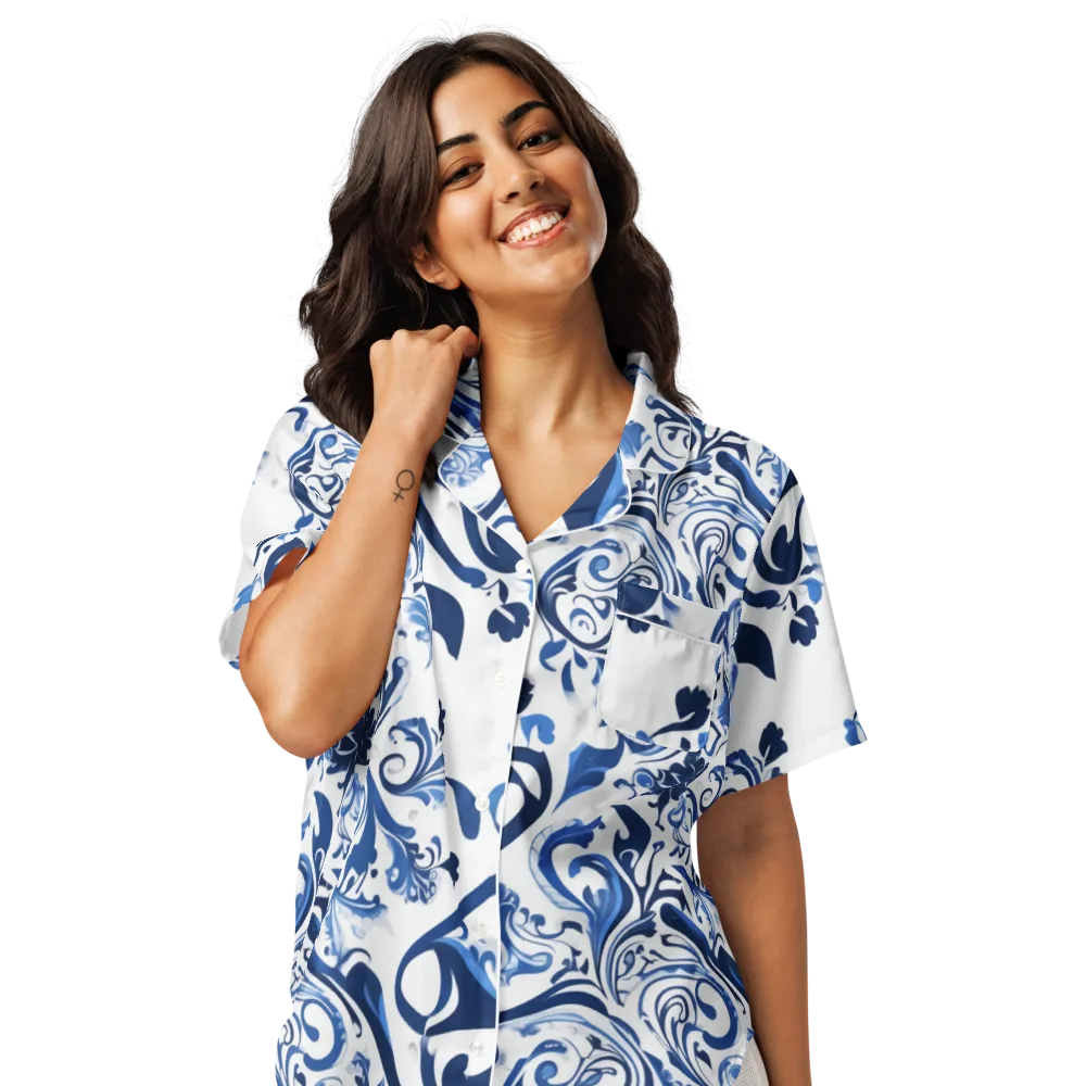 Blue Porcelain Dance on Women's Short Sleeve Pajama Top — Front