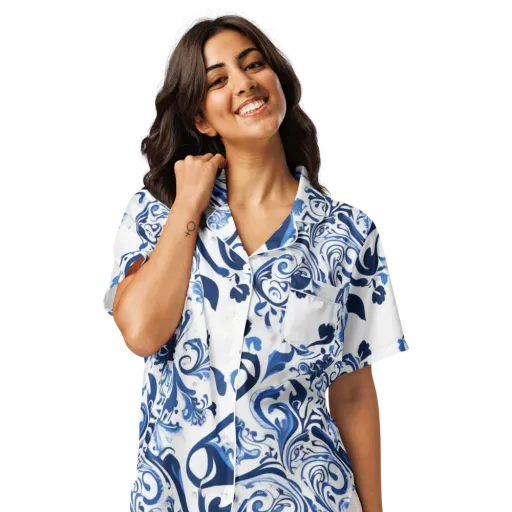 Blue Porcelain Dance on a Women's Short Sleeve Pajama Top
