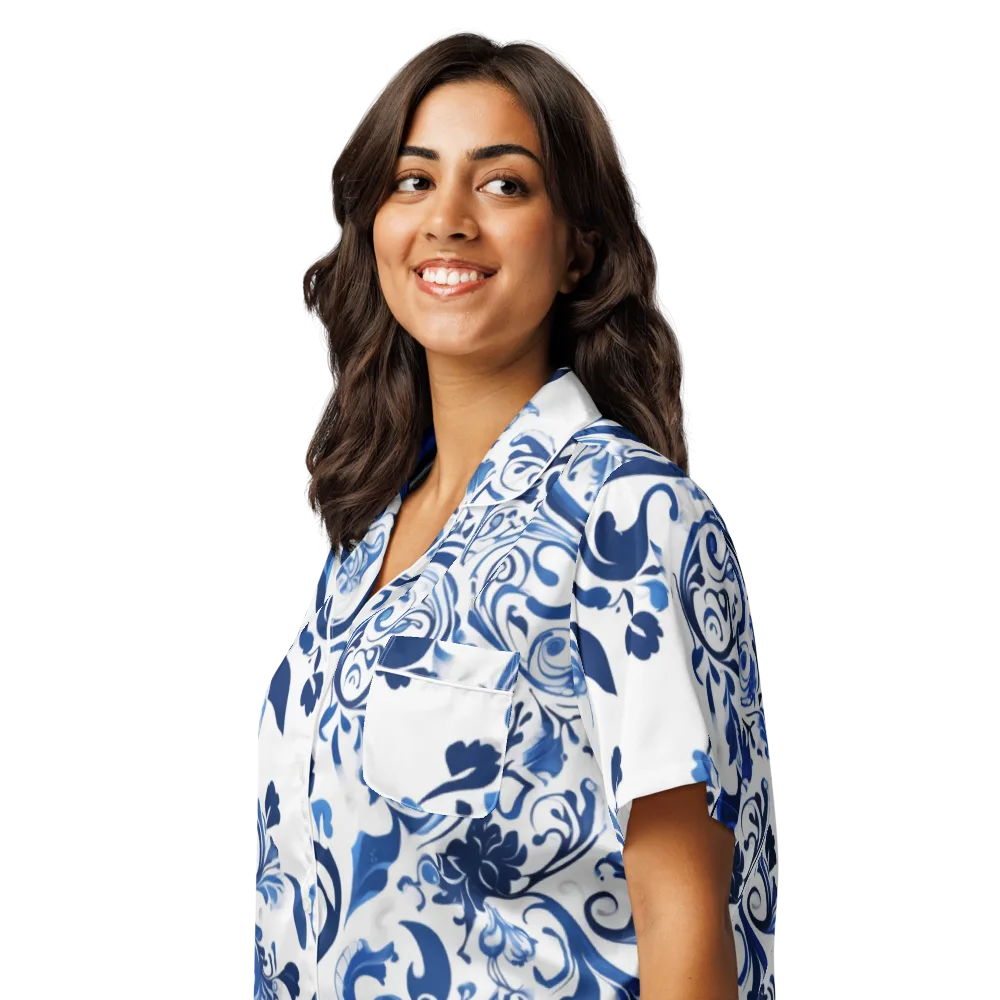 Blue Porcelain Dance on Women's Short Sleeve Pajama Top — Left Front