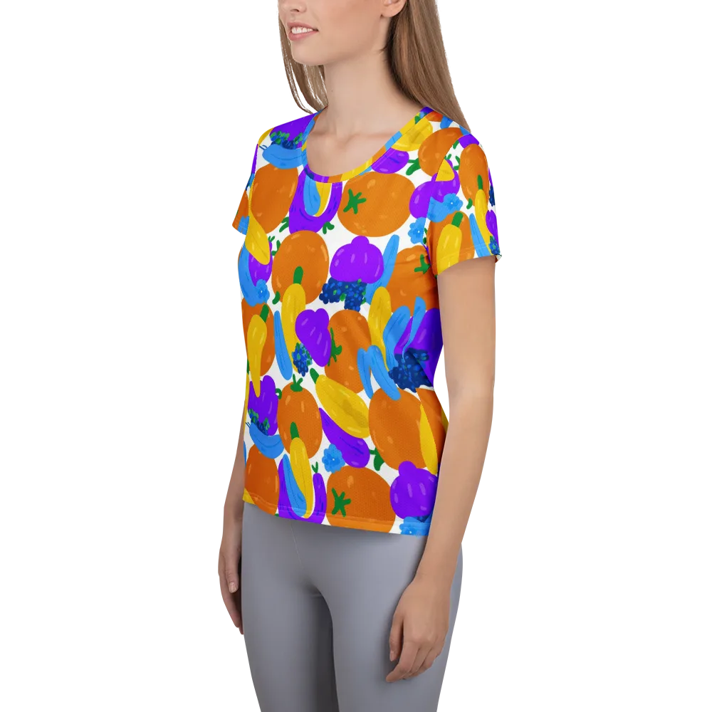 Electric Fruit Bowl on Women's Athletic T-Shirt — Left
