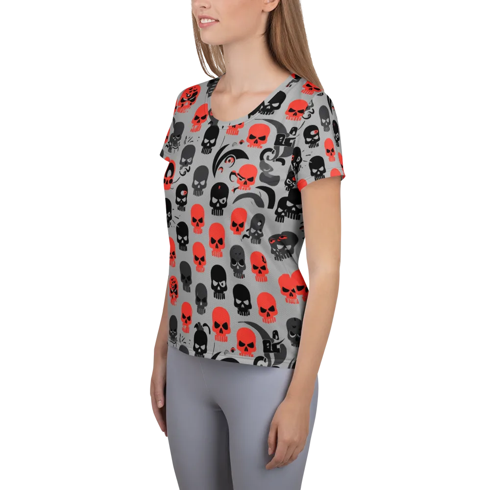 Crimson Skullcap on Women's Athletic T-Shirt — Left