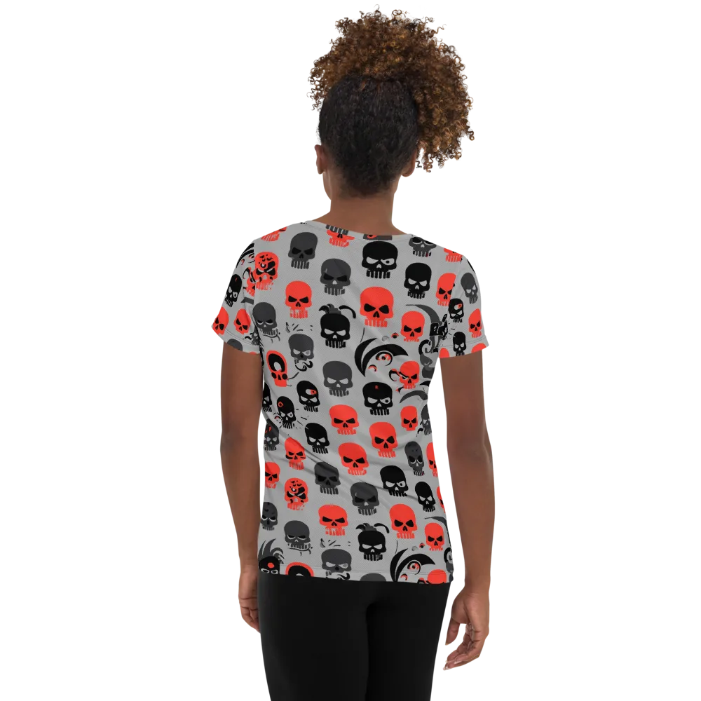 Crimson Skullcap on Women's Athletic T-Shirt — Back