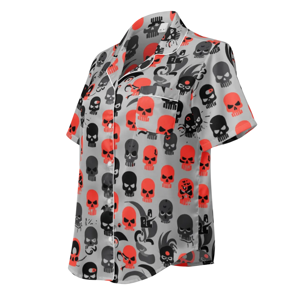 Crimson Skullcap on Women's Short Sleeve Pajama Top — Left Front