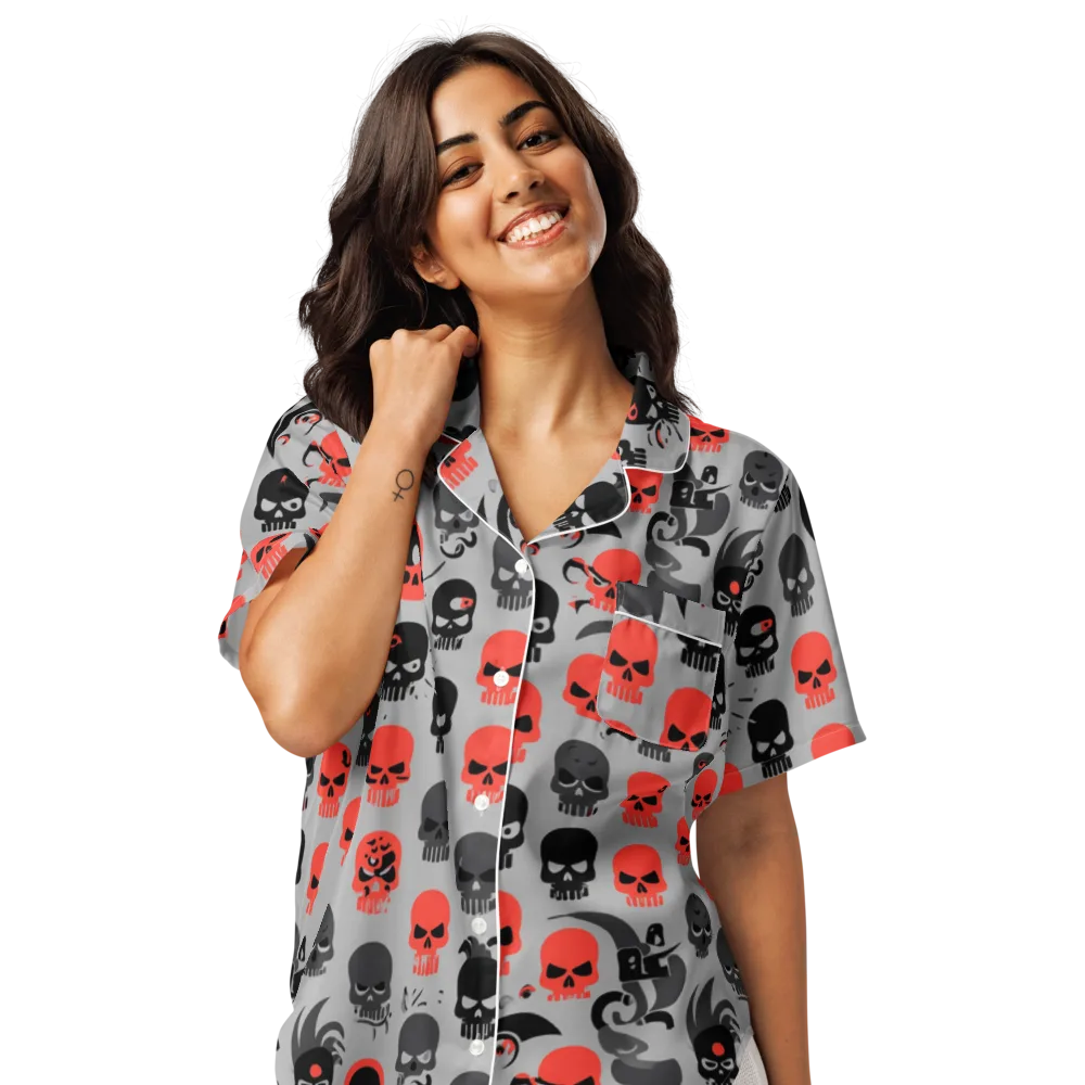Crimson Skullcap on Women's Short Sleeve Pajama Top — Front