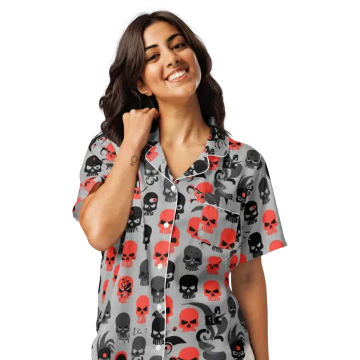 Crimson Skullcap on a Women's Short Sleeve Pajama Top