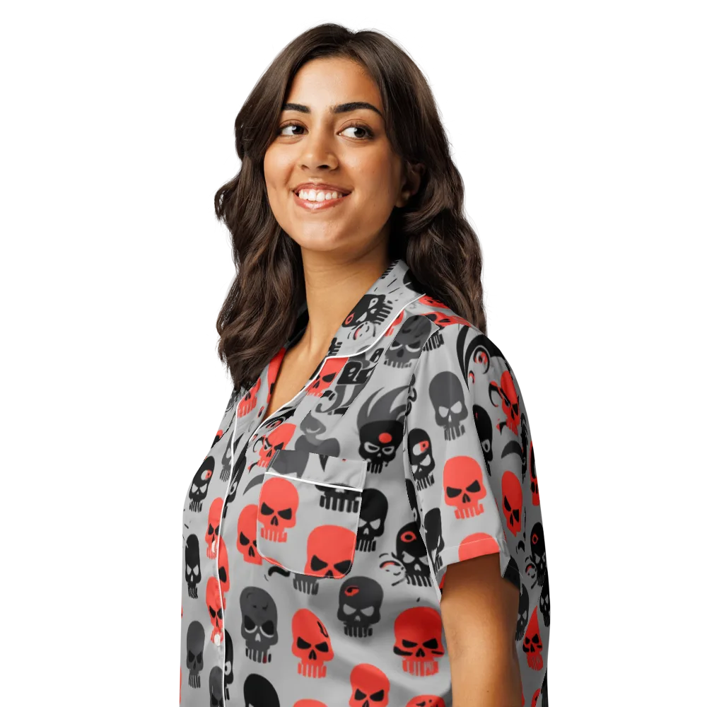 Crimson Skullcap on Women's Short Sleeve Pajama Top — Left Front