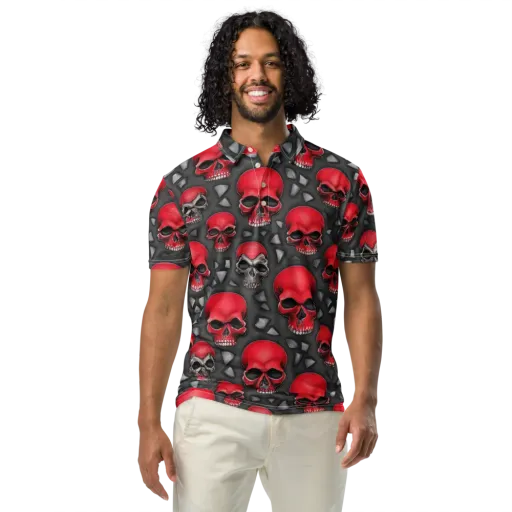 Crimson Skullfield on a Men's Slim Fit Polo Shirt