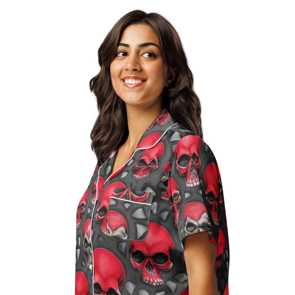 Crimson Skullfield on Women's Short Sleeve Pajama Top — Left Front